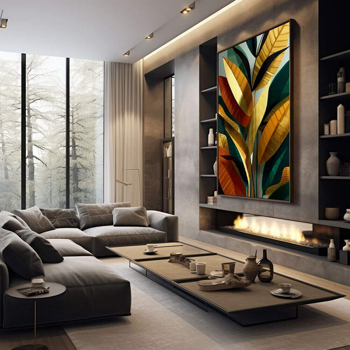 Quadro Decorativo Naturaleza: Arte Orgânica e Vibrante | quadros decorativos premium | Folhas tropicais estilizadas em amarelo, verde e dourado com composição moderna e dinâmica | em ambiente 4 | Porao dos Quadros