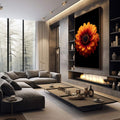 Quadro Decorativo Flor Exuberante | quadros decorativos premium | Flor laranja e vermelha em detalhes nítidos contra fundo preto sólido | em ambiente 4 | Porao dos Quadros