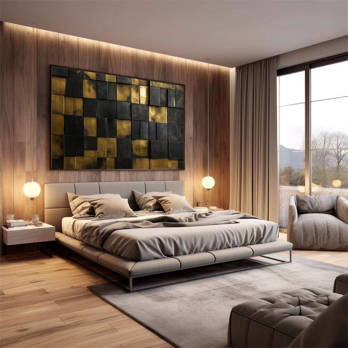 Quadro Decorativo Minimalista Preto e Dourado | quadros decorativos premium | Painel geométrico com quadrados alternados em dourado e preto com efeitos de luz e reflexo. | em ambiente 4 | Porao dos Quadros