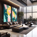 Quadro Decorativo Pincelada - Harmonia de Cores em Verde, Rosa e Amarelo | quadros decorativos premium | Dois quadros abstratos com pinceladas geométricas em verde, rosa, amarelo e branco em composição dinâmica | em ambiente 4 | Porao dos Quadros