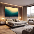 Quadro Decorativo Harmonia Minimalista Serena | quadros decorativos premium | Montanhas em camadas com tons azuis profundos e céu dourado ao amanhecer, composição minimalista abstrata | em ambiente 4 | Porao dos Quadros