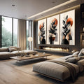 Quadro Decorativo Geométrico Moderno | quadros decorativos premium | Plantas com folhas pretas e círculos terracota em composição geométrica moderna em três painéis. | em ambiente 4 | Porao dos Quadros