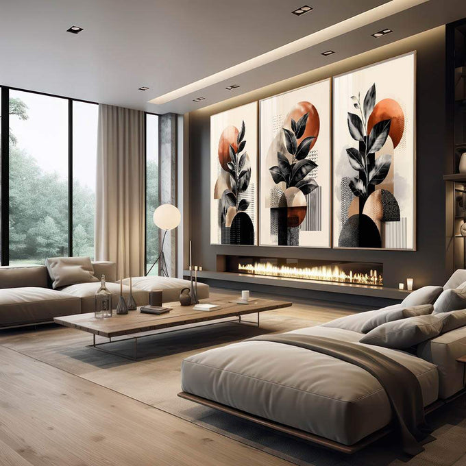 Quadro Decorativo Geométrico Moderno | quadros decorativos premium | Plantas com folhas pretas e círculos terracota em composição geométrica moderna em três painéis. | em ambiente 4 | Porao dos Quadros