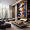 Quadro Decorativo Essência Feminina Moderna | quadros decorativos premium | Rosto cubista em azul, laranja e amarelo com formas geométricas abstratas vibrantes | em ambiente 4 | Porao dos Quadros