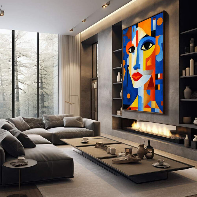 Quadro Decorativo Essência Feminina Moderna | quadros decorativos premium | Rosto cubista em azul, laranja e amarelo com formas geométricas abstratas vibrantes | em ambiente 4 | Porao dos Quadros
