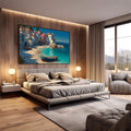Quadro Decorativo Serenidade na Costa Mar | quadros decorativos premium | Vila costeira com barcos em turquesa e dourado, casarões coloridos à beira-mar sob luz natural | em ambiente 4 | Porao dos Quadros