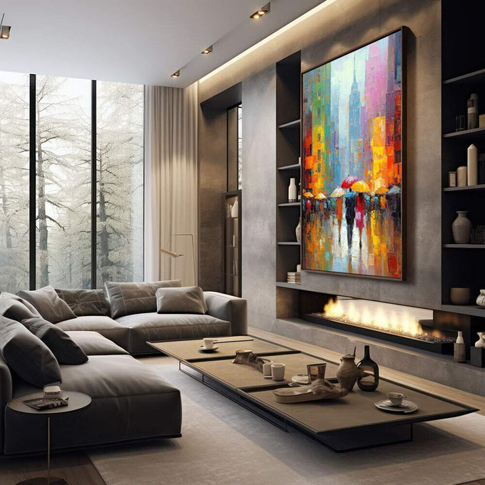 Quadro Decorativo Cidade em Movimento | quadros decorativos premium | Cena de rua chuvosa com guarda-chuvas em cores vibrantes e edifícios de metrópole ao fundo. | em ambiente 4 | Porao dos Quadros