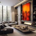 Quadro Decorativo: Movimento e Emoção | quadros decorativos premium | Silhuetas humanas em tons de vermelho e laranja com degradê luminoso e textura de linhas verticais | em ambiente 4 | Porao dos Quadros