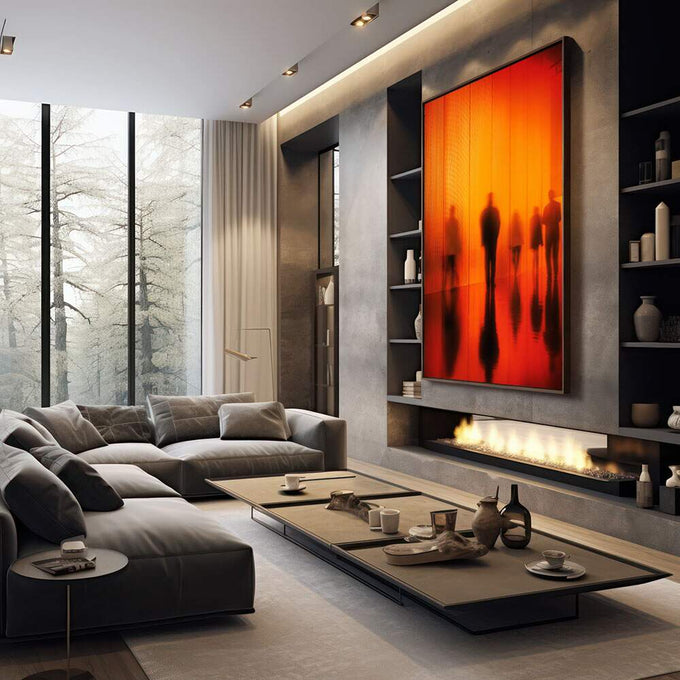 Quadro Decorativo: Movimento e Emoção | quadros decorativos premium | Silhuetas humanas em tons de vermelho e laranja com degradê luminoso e textura de linhas verticais | em ambiente 4 | Porao dos Quadros