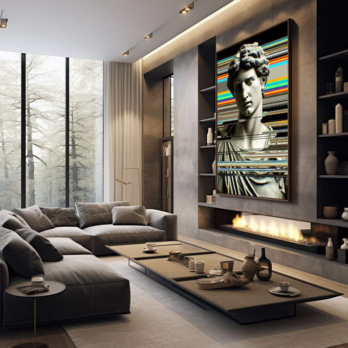 Quadro Decorativo Escultura Moderna | quadros decorativos premium | Busto clássico branco com efeito glitch digital em linhas coloridas turquesa, laranja e amarelo. | em ambiente 4 | Porao dos Quadros