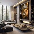 Quadro Decorativo Leão Majestoso | quadros decorativos premium | Leão coroado com diamantes em tons dourados e marrom, olhar majestoso em fundo quente | em ambiente 4 | Porao dos Quadros