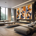 Quadro Decorativo Abstrato Orgânico em 3 Peças | quadros decorativos premium | Sementes e formas orgânicas em azul, laranja e bege flutuando em composição abstrata | em ambiente 4 | Porao dos Quadros