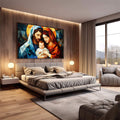Quadro Decorativo Sagrada Família Moderna | quadros decorativos premium | Sagrada Família em composição geométrica abstrata com triângulos em tons de azul, laranja e dourado. | em ambiente 4 | Porao dos Quadros