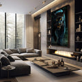 Quadro Decorativo Pantera Imponente | quadros decorativos premium | Pantera negra em movimento frontal com olhos dourados vibrantes e iluminação azulada dramática. | em ambiente 4 | Porao dos Quadros
