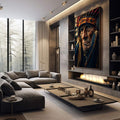 Quadro Decorativo - O Líder Indígena em Arte | quadros decorativos premium | Retrato indígena com cocar vermelho e dourado em realismo dramatizado com tons quentes e azul profundo. | em ambiente 4 | Porao dos Quadros