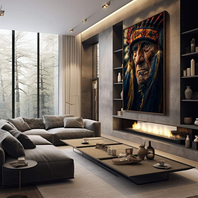 Quadro Decorativo - O Líder Indígena em Arte | quadros decorativos premium | Retrato indígena com cocar vermelho e dourado em realismo dramatizado com tons quentes e azul profundo. | em ambiente 4 | Porao dos Quadros