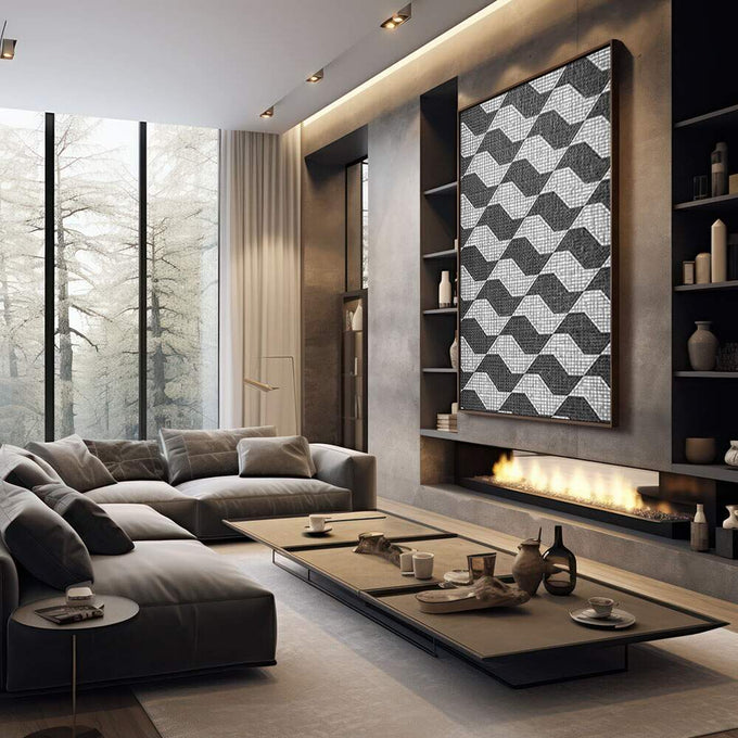 Quadro Decorativo Geometria Fluida | quadros decorativos premium | Padrão geométrico chevron em cinza e branco com textura de malha em moldura de madeira. | em ambiente 4 | Porao dos Quadros