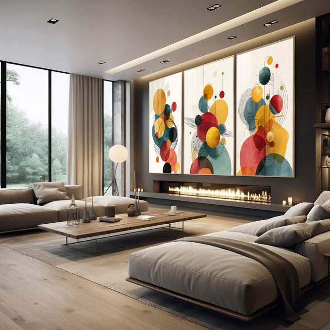 Quadro Decorativo Abstrato Trifásico Colorido | quadros decorativos premium | Composição abstrata com esferas coloridas, linhas dinâmicas em amarelo, azul e vermelho em 3 telas | em ambiente 4 | Porao dos Quadros