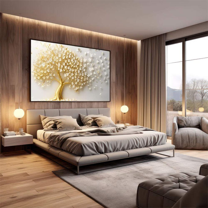 Quadro Decorativo Árvore Dourada | quadros decorativos premium | Árvore com tronco dourado e folhas em relevo branco em composição majestosa | em ambiente 4 | Porao dos Quadros