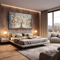 Quadro Decorativo Árvore da Vida Serena | quadros decorativos premium | Árvore com folhas brancas e douradas em composição realista com fundo azul cinzento | em ambiente 4 | Porao dos Quadros