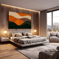 Quadro Decorativo Ondas da Natureza | quadros decorativos premium | Paisagem abstrata com camadas ondulantes em laranja, bege e verde-escuro em composição fluida. | em ambiente 4 | Porao dos Quadros