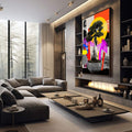 Quadro Decorativo Bonsai Energizante | quadros decorativos premium | Busto em cinza com fundo colorido laranja amarelo magenta e padrões geométricos abstratos | em ambiente 4 | Porao dos Quadros