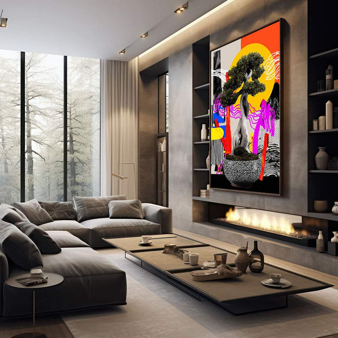 Quadro Decorativo Bonsai Energizante | quadros decorativos premium | Busto em cinza com fundo colorido laranja amarelo magenta e padrões geométricos abstratos | em ambiente 4 | Porao dos Quadros