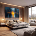Quadro Decorativo Dualidade Urbana Abstrata | quadros decorativos premium | Cidade abstrata em azul profundo com explosão de luz dourada no centro, composição vertical. | em ambiente 4 | Porao dos Quadros