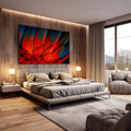 Quadro Decorativo Energia e Harmonia | quadros decorativos premium | Penas vermelhas, laranja e azuis em movimento dinâmico sobre fundo escuro | em ambiente 4 | Porao dos Quadros