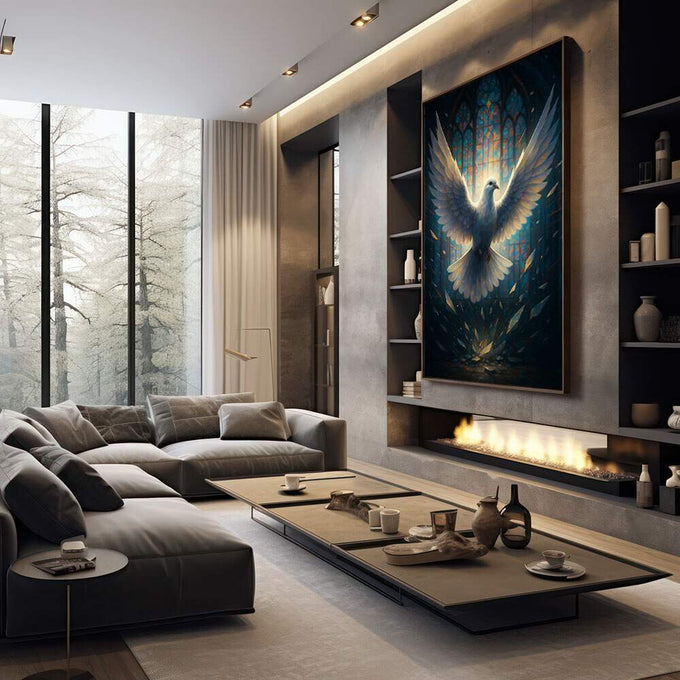 Quadro Decorativo Pomba da Liberdade Celestial | quadros decorativos premium | Pomba branca luminosa com asas radiantes em tons azuis profundos e luz celestial dourada | em ambiente 4 | Porao dos Quadros