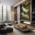 Quadro Decorativo Serenidade Natural | quadros decorativos premium | Abstrato com fluxos verdes e brancos, veios dourados, texturas fluidas e composição orgânica vertical. | em ambiente 4 | Porao dos Quadros