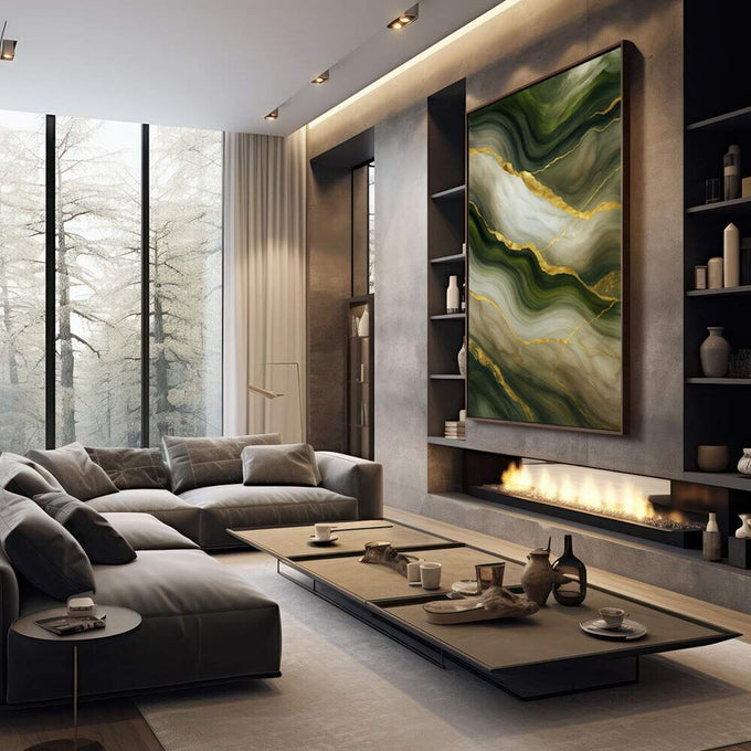 Quadro Decorativo Serenidade Natural | quadros decorativos premium | Abstrato com fluxos verdes e brancos, veios dourados, texturas fluidas e composição orgânica vertical. | em ambiente 4 | Porao dos Quadros
