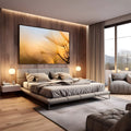 Sementes de dente-de-leão em close com luz dourada do pôr do sol ao fundo, quadro decorativo