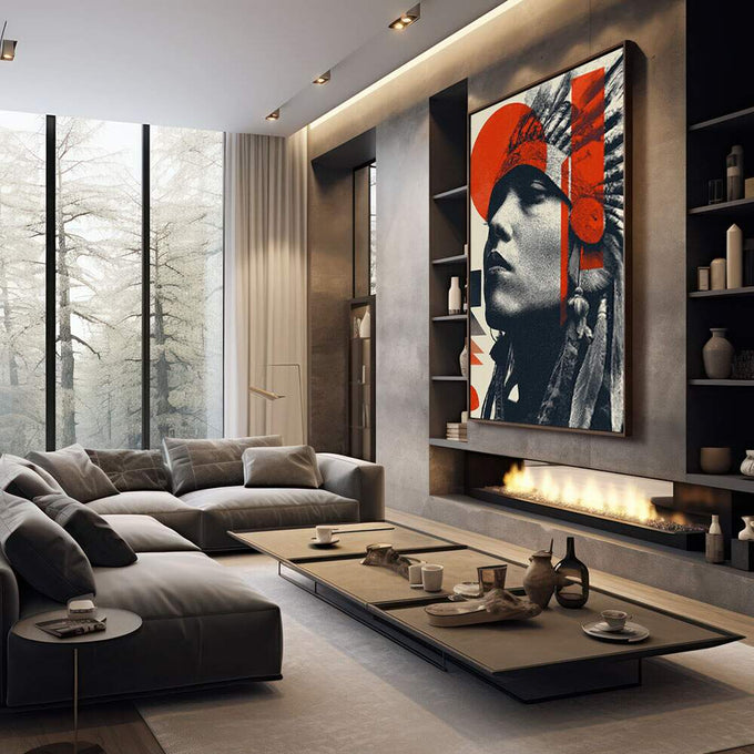 Quadro Decorativo Indígena Moderno | quadros decorativos premium | Retrato indígena em preto e branco com sobreposição de formas geométricas vermelhas e círculos. | em ambiente 4 | Porao dos Quadros