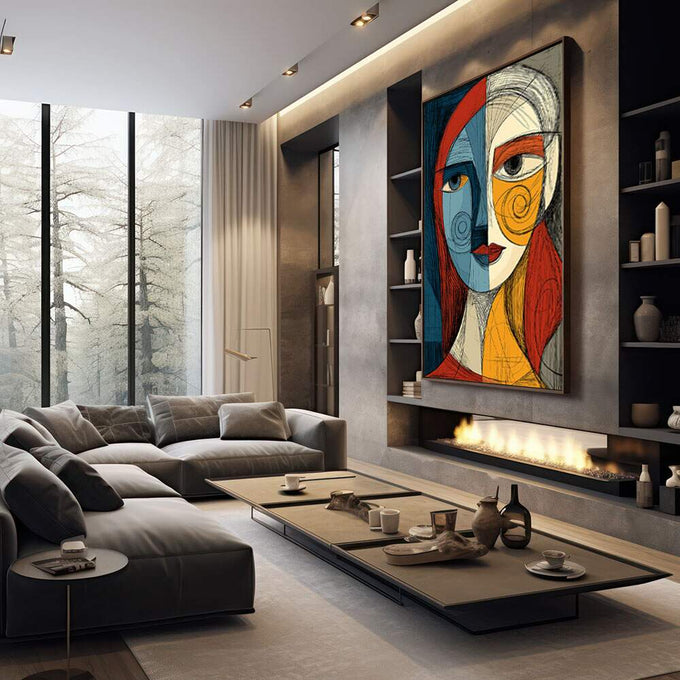 Quadro Decorativo Feminino Cubista | quadros decorativos premium | Rosto abstrato em tons de azul, vermelho e amarelo com máscara geométrica sobreposta | em ambiente 4 | Porao dos Quadros