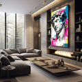 Quadro Decorativo Moderno - Busto Clássico | quadros decorativos premium | Busto clássico em cinza com fundo geométrico em amarelo, magenta e azul vibrantes | em ambiente 4 | Porao dos Quadros