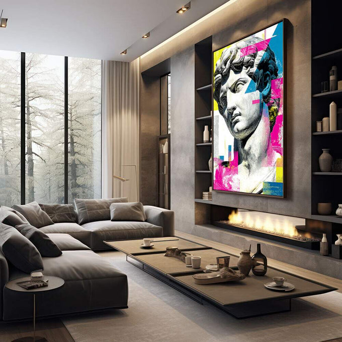 Quadro Decorativo Moderno - Busto Clássico | quadros decorativos premium | Busto clássico em cinza com fundo geométrico em amarelo, magenta e azul vibrantes | em ambiente 4 | Porao dos Quadros