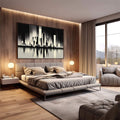 Quadro Decorativo Urbano Moderna | quadros decorativos premium | Skyline urbano em preto e branco com reflexo simétrico em água, técnica pontilhista | em ambiente 4 | Porao dos Quadros