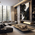 Quadro Decorativo Folha Monstera com Elegância | quadros decorativos premium | Folhas de monstera em preto, branco e dourado com linhas delicadas em composição moderna. | em ambiente 4 | Porao dos Quadros