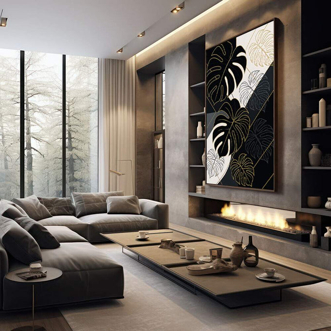 Quadro Decorativo Folha Monstera com Elegância | quadros decorativos premium | Folhas de monstera em preto, branco e dourado com linhas delicadas em composição moderna. | em ambiente 4 | Porao dos Quadros