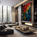 Close de penas de arara vermelhas, amarelas e azuis com textura detalhada, quadro decorativo