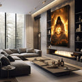 Quadro Decorativo Religioso - Luz e Amor Divinos | quadros decorativos premium | Figura divina em contemplação com luz dourada radiante envolvendo-a, composição realista e espiritual. | em ambiente 4 | Porao dos Quadros