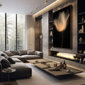 Quadro Decorativo Flor Etérea em Fundo Negro | quadros decorativos premium | Tulipa dourada luminosa com pétalas translúcidas sobre fundo preto profundo | em ambiente 4 | Porao dos Quadros