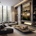 Quadro Decorativo Cavalo em Movimento | quadros decorativos premium | Cavalo preto galopando na água com paisagem árida ao fundo | em ambiente 4 | Porao dos Quadros