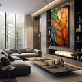 Quadro Decorativo Folhas Vibrantes | quadros decorativos premium | Folhas coloridas com luz natural em tons laranja, verde, azul e bege translúcidos. | em ambiente 4 | Porao dos Quadros