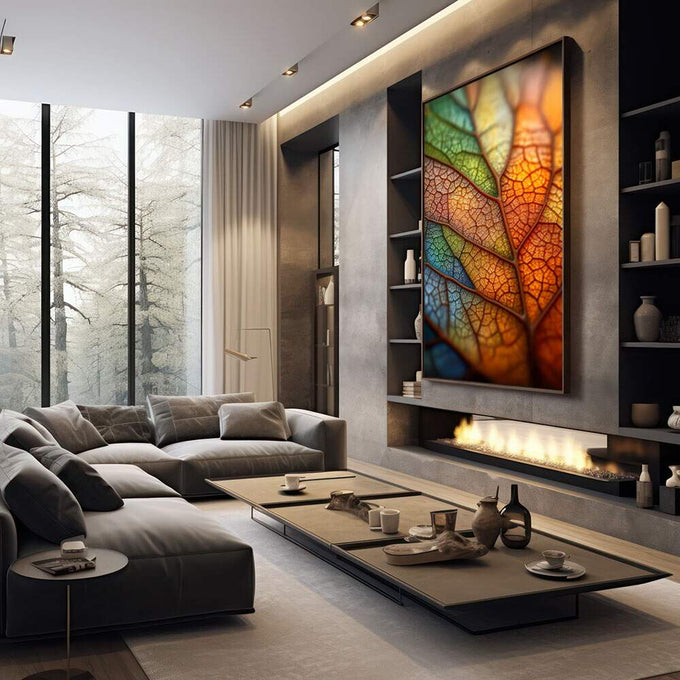 Quadro Decorativo Folhas Vibrantes | quadros decorativos premium | Folhas coloridas com luz natural em tons laranja, verde, azul e bege translúcidos. | em ambiente 4 | Porao dos Quadros