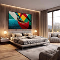 Quadro Decorativo Canoa Vermelha em Movimento | quadros decorativos premium | Gôndola vermelha com vela geométrica em azul, amarelo e vermelho, composição artística contemporânea. | em ambiente 4 | Porao dos Quadros