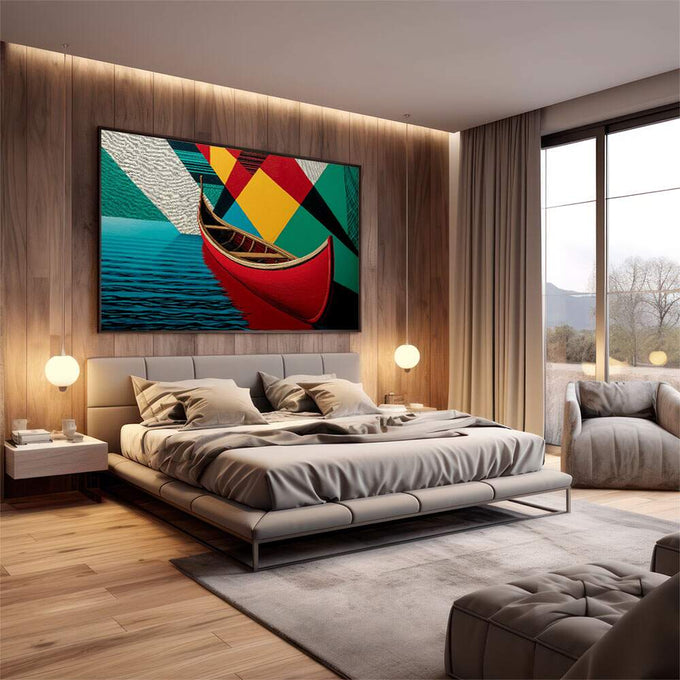 Quadro Decorativo Canoa Vermelha em Movimento | quadros decorativos premium | Gôndola vermelha com vela geométrica em azul, amarelo e vermelho, composição artística contemporânea. | em ambiente 4 | Porao dos Quadros