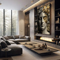 Quadro Decorativo Bustos Dourados Elegantes | quadros decorativos premium | Busto clássico cinza e branco com detalhes dourados em composição sofisticada | em ambiente 4 | Porao dos Quadros