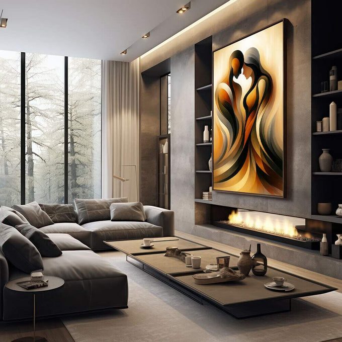 Quadro Decorativo Conexão Abstrata em Cores | quadros decorativos premium | Figuras abstratas em tons dourados e pretos com camadas fluidas e movimento visual | em ambiente 4 | Porao dos Quadros